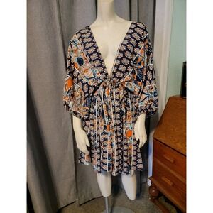 Boho Hippie Chic Fairy Plunge Neck Balloon Sleeve Flowy Skirt Midi Dress Sz L